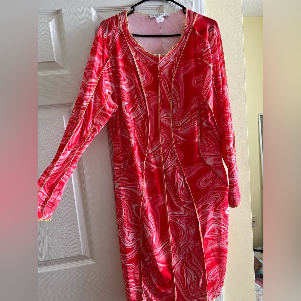 Hot pink marbled midi/mini dress with lime green detailing